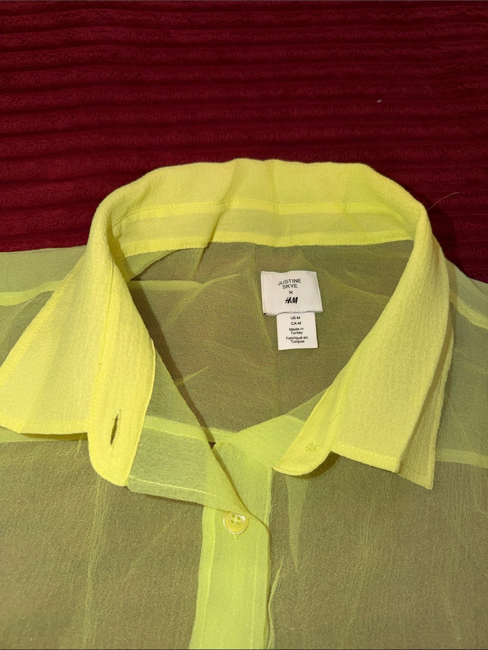Justine Skye x H&M Sheer Neon Yellow Short-Sleeve Button-Up Shirt - Picture 3 of 6